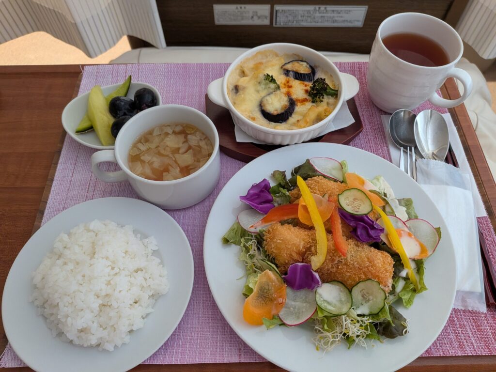 夕食の写真。サーモンフライとグラタンの洋食。